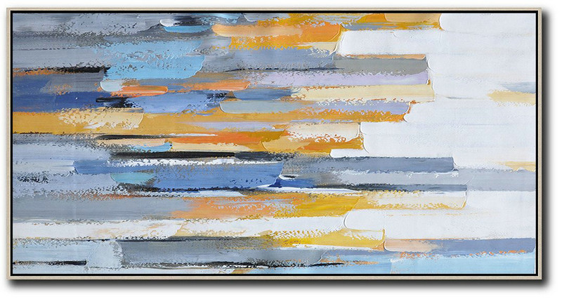 Large Abstract Art,Horizontal Palette Knife Contemporary Art,Acrylic Painting On Canvas,White,Blue,Orange,Yellow.Etc